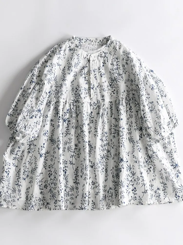 

Летний хлопковый топ свободного кроя с цифровым принтом для женщин, омолаживающий, в стиле ретро, корейский фэшн, рукав-фонарик