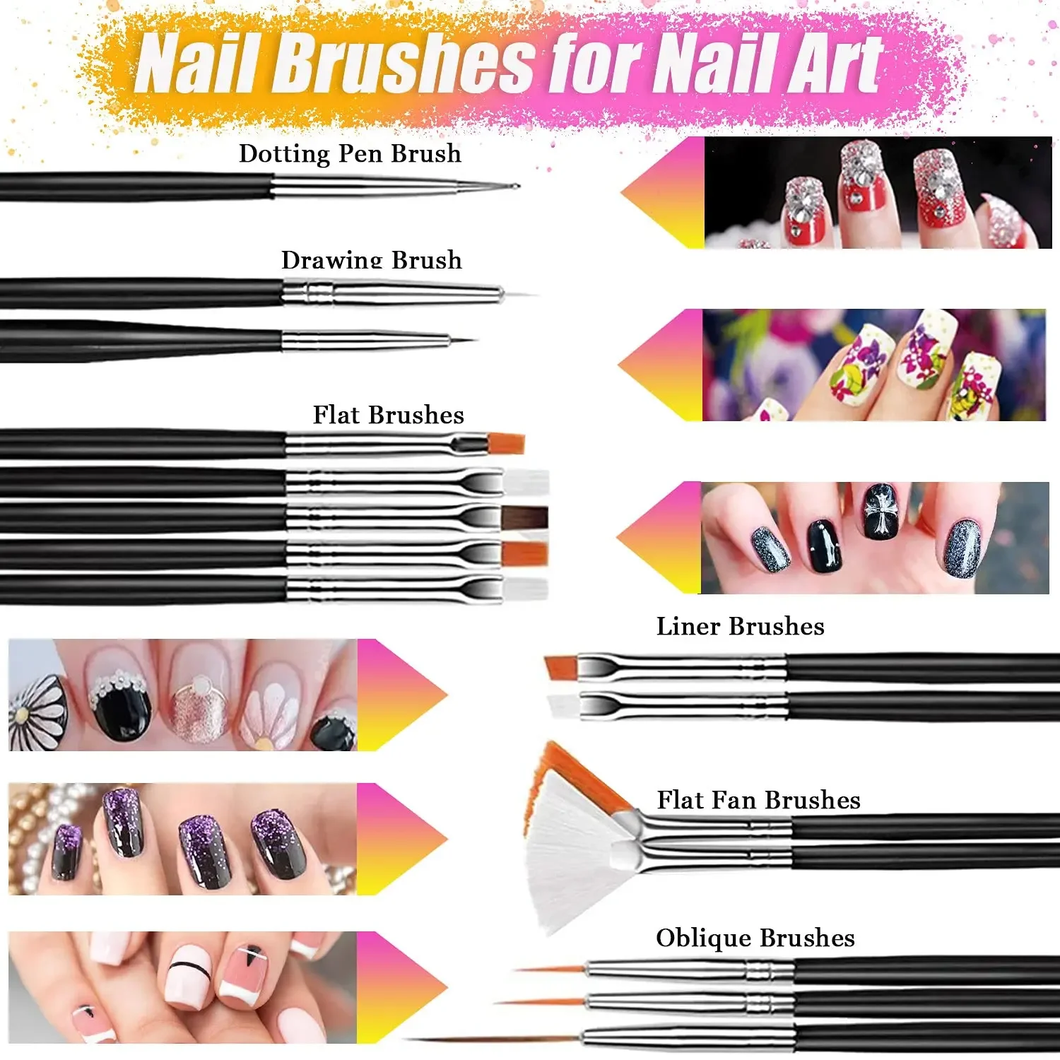 34-Piece Nail Art Brush & Accessory Set | Includes Brushes, Dotting Tools, Glitter Foils, Gems & Glitters