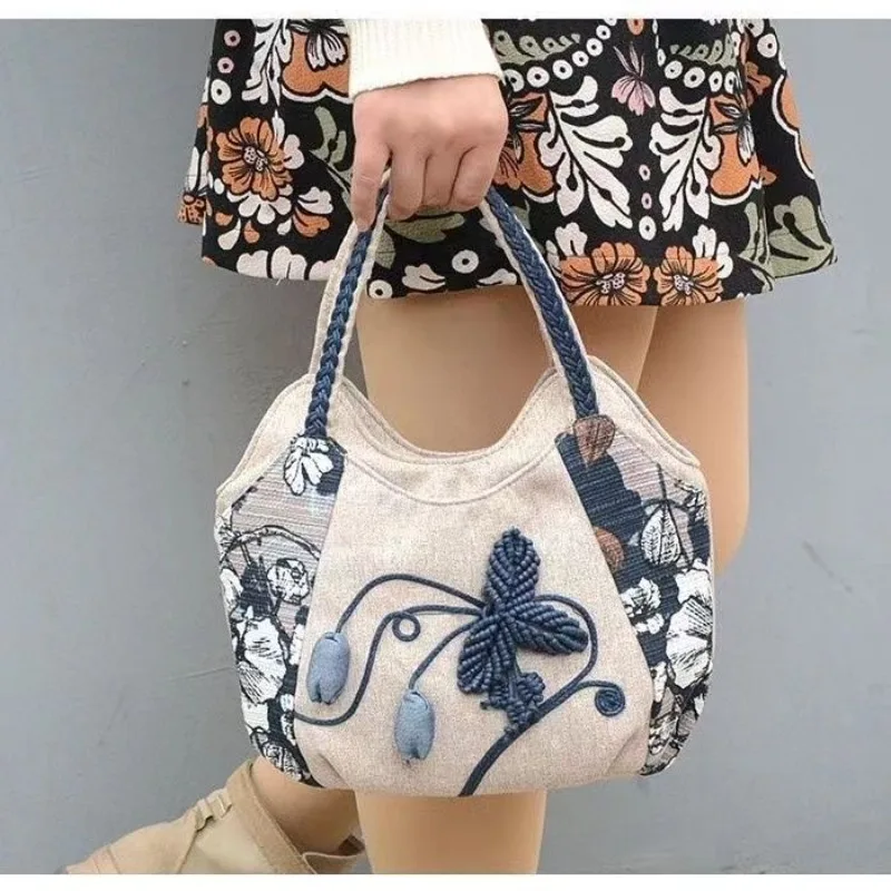

Middle-aged Women Bag Mother Ethnic Handbag Satchel Cotton Linen Art Cloth Bag Simple Light Handbag China Handwork