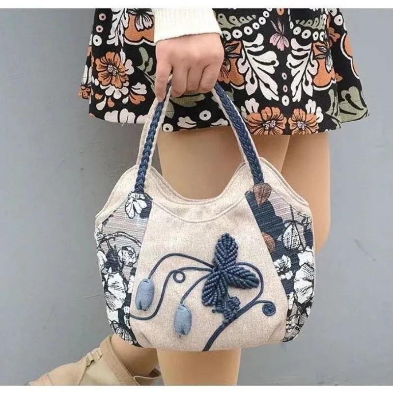 Middle-aged Women Bag Mother Ethnic Handbag Satchel Cotton Linen Art Cloth Bag Simple Light Handbag China Handwork