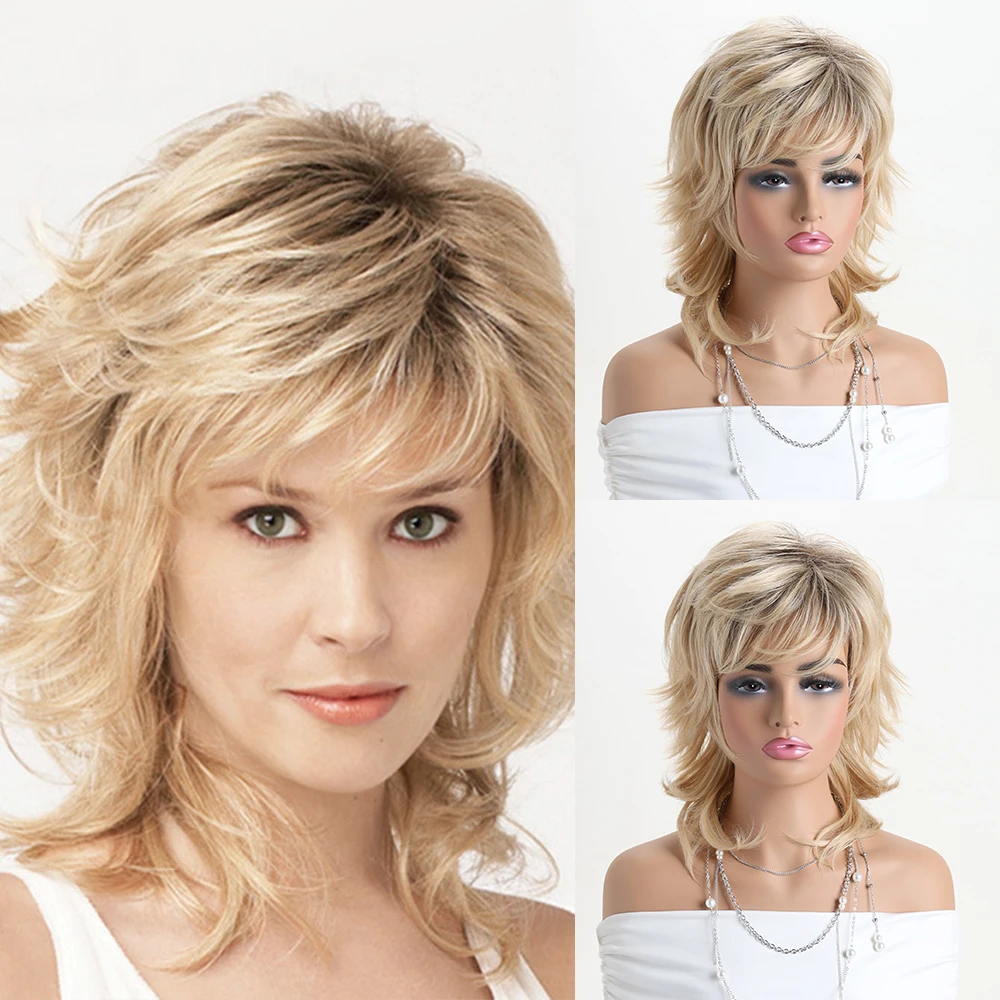 Wig alami pendek dengan poni rambut lembut penggunaan sehari-hari rambut sintetis keriting Ombre coklat pendek Wig pesta untuk wanita
