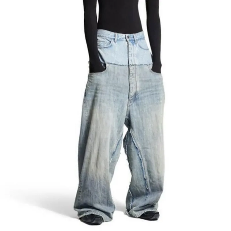 KIDWHXR Man Wide Leg Pant High Street Contrast Color Patchwork Male Trousers Loose Washed Casual Versatile Men Denim Pant