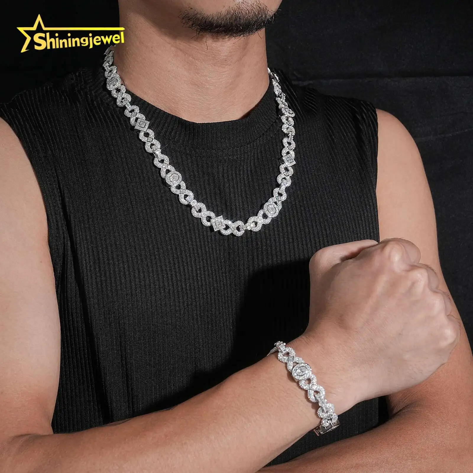 Fine Jeweley Hip Hop Jewelry Men Iced Out Cuban Link Chain 11.5mm 925 Silver VVS Infinite Chain Bezel Setting Cuban Link...