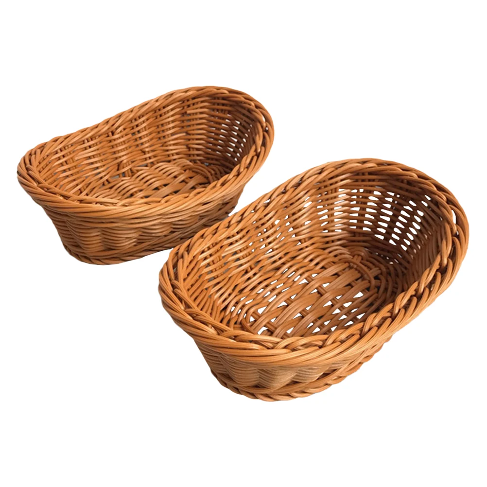 

2Pcs Imitation Rattan Plastic Kitchen Storage Baskets Woven Organizers Fruit Vegetable Bread Food Serving Trays