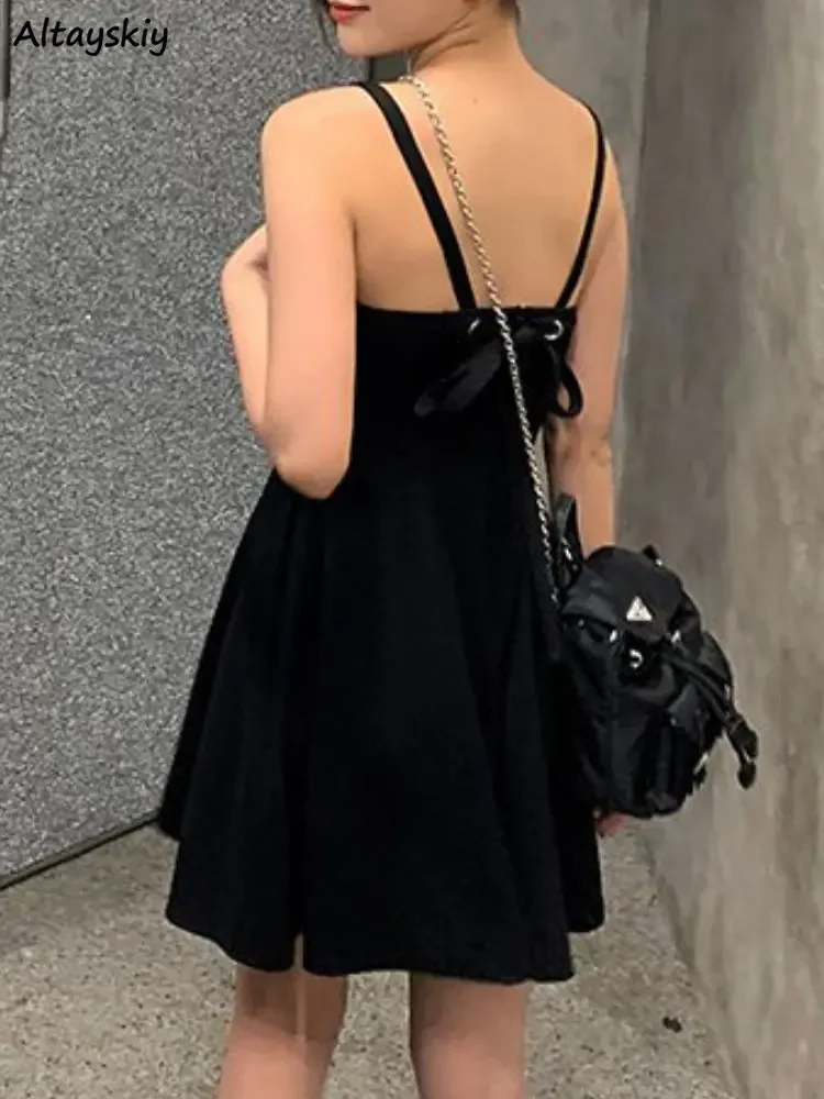 

Black Mini Dress Women Spaghetti Sexy Backless Elegant Summer Party Streetwear Vintage Female Slim Y2k Basics Pure Korean Style