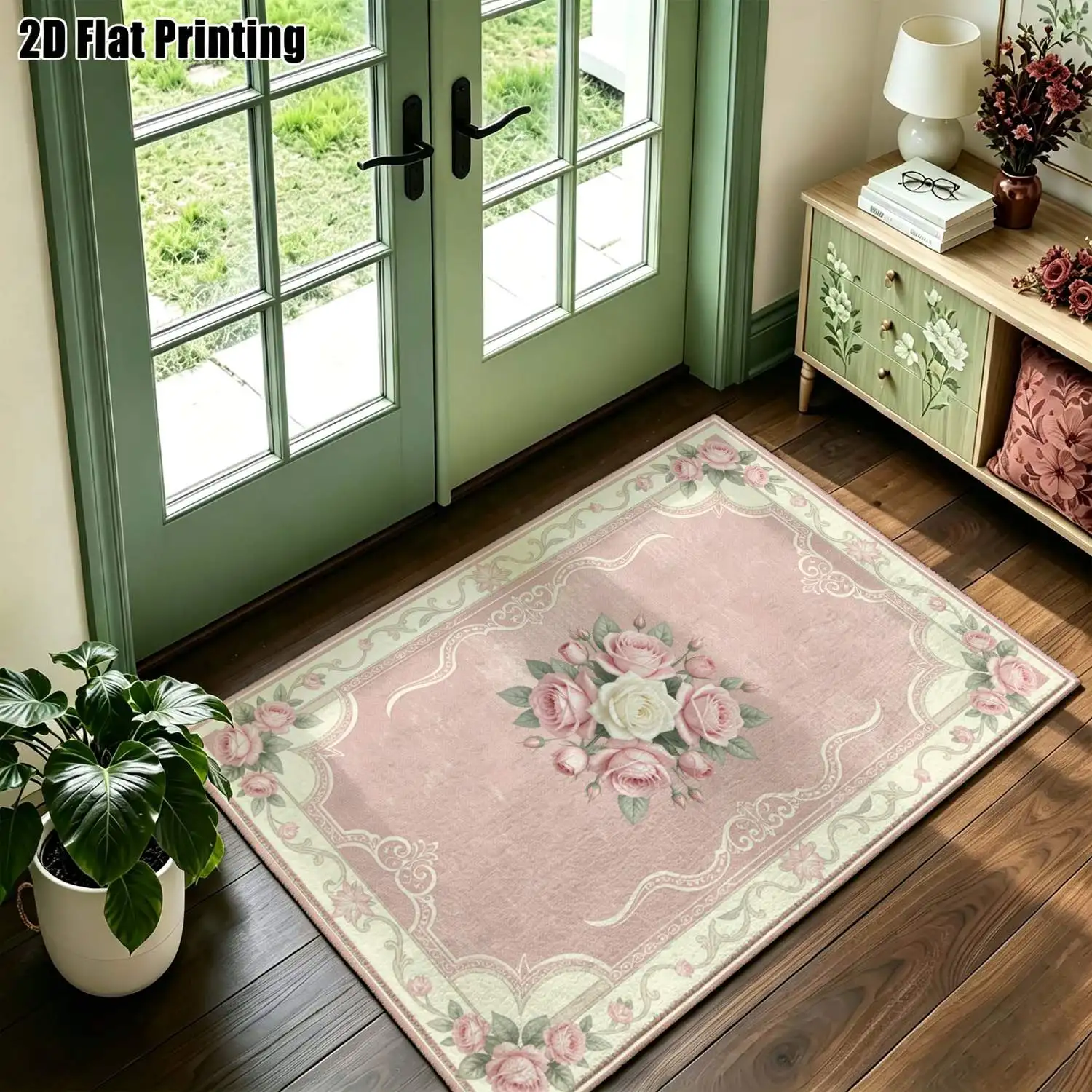 1Pc 2D Printed Pink Flower Pattern Carpet: European Retro Floral Classic Border, Multi-Size, Machine Washable, for Home Decoration & Multi-Scenario Use