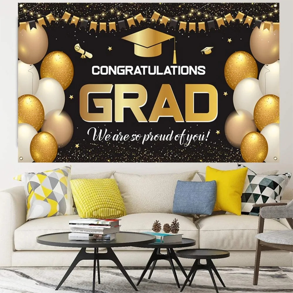 180x115cm Graduation Photography Backdrop Black Gold Congratulations Graduates Background Celebrate Polyester