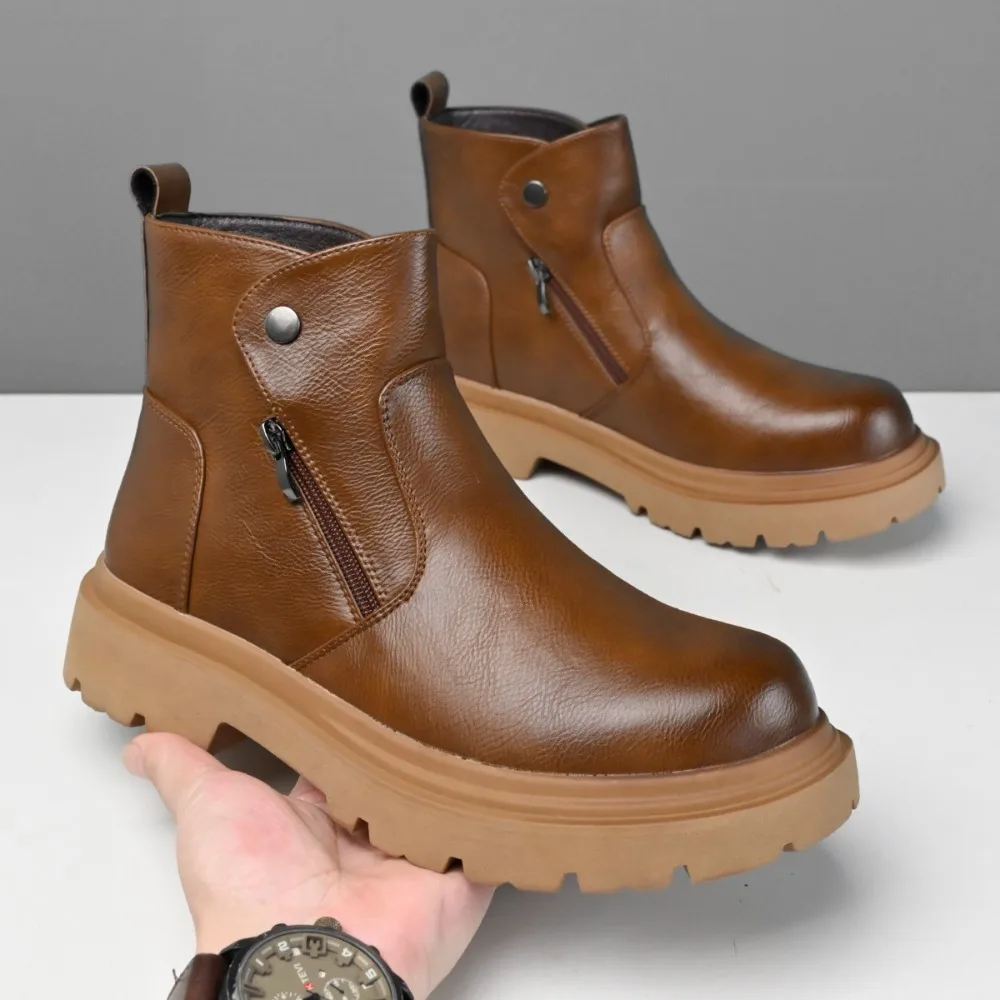 Genuine Leather Men's Ankle Boots Side Zipper Round Toe Short Boots Male Casual Walking Shoes Fashion High Top Footwear Botas