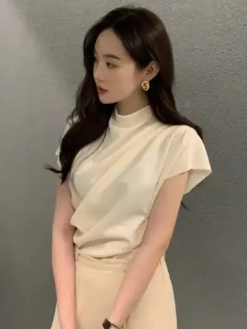 세련된 여름 셔츠 여성 스탠드 칼라 비대칭 주름 탑 패션 한국 반팔 얇은 블라우스