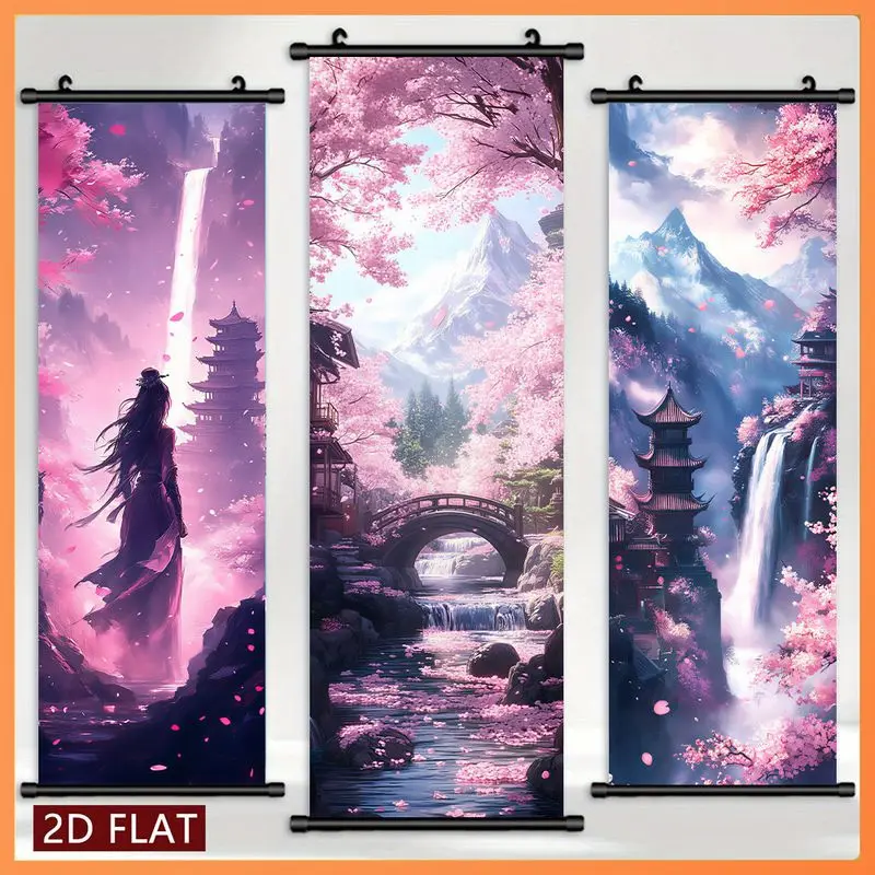 VIKAMA Anime-Style Cherry Blossom Scroll Tapestry, Vertical Cherry Blossom Wall Hanging, Aesthetic Bedroom Tapestry, Home Decor