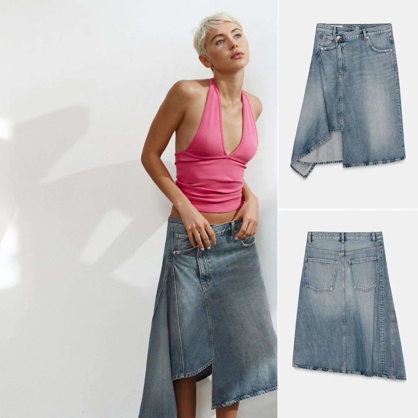 

Весенняя женская джинсовая юбка в повседневном стиле с металлическими пуговицами и молнией, средней посадкой на талии, асимметричным подолом, стандартный крой, из полиэфирного волокна