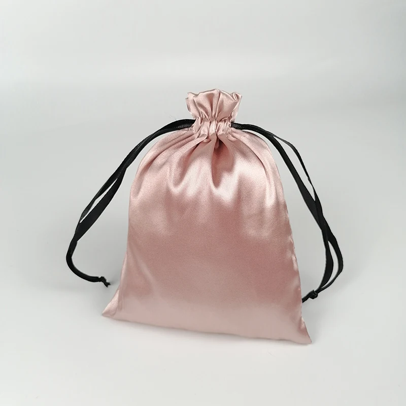 Rose Gold Silk Satin Bag Custom Logo Packaging Bag Virgin Hair Extenssion/Makeup/Eyelash/Perfume Drawstring Gift Pouch Dustproof