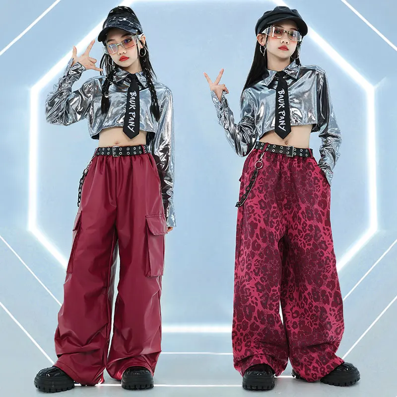 소녀 k-pop 자르기 반짝 이는 재킷 가죽 레오파드 카고 바지 어린이 힙합 스트리트 댄스 반바지 의류 세트 어린이 재즈 streetwear
