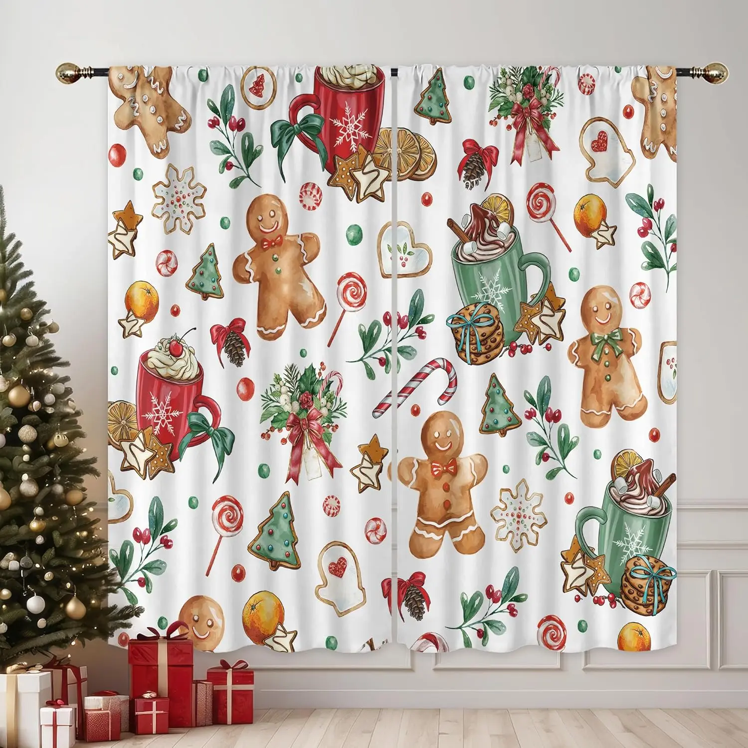 Christmas Curtains for Bedroom Rod Pocket Gingerbread Man Snowflake Candy Cap Pine Leaves Tree Gloves Bow Star Cookies Winter