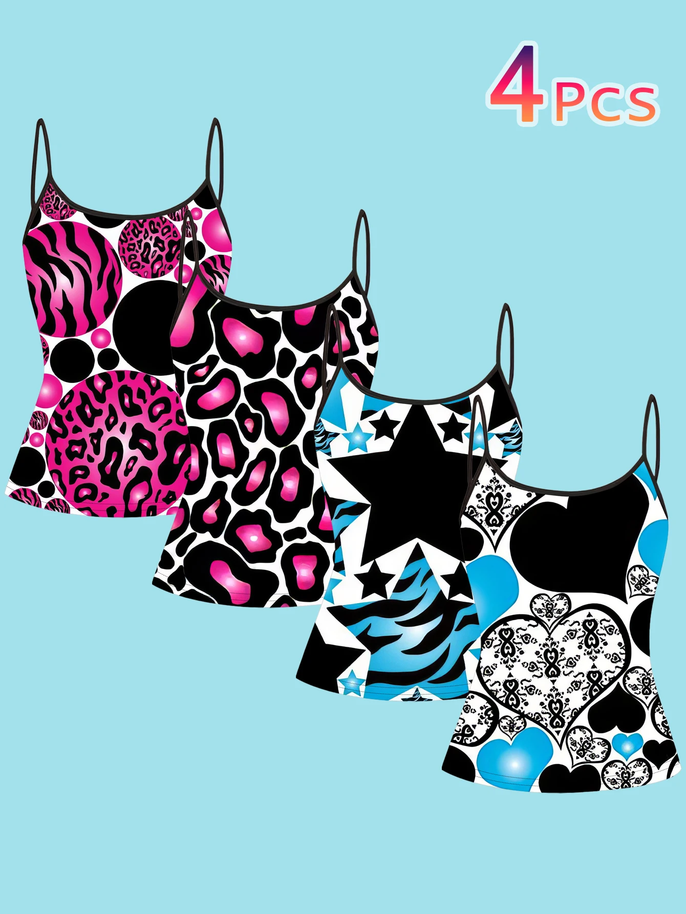 4-Piece Set Y2K Millennium Hot Girl Pink Leopard Print Star Heart Print Camisole for Women, Subculture Color-Blocking Multi-Element Spaghetti Strap Waist-Cinching Slim-Fit Base Top, Cross-Border Music Festival Streetwear Camisole