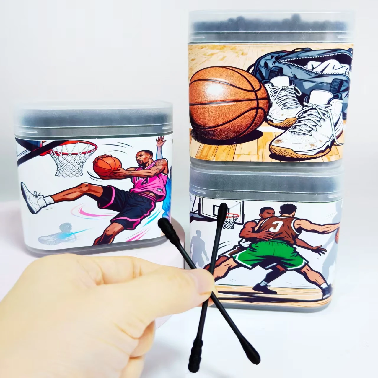 600 قطعة/1000 قطعة من أعواد القطن ذات موضوع كرة السلة باللون الأسود برأسين للضروريات اليومية أعواد قطنية