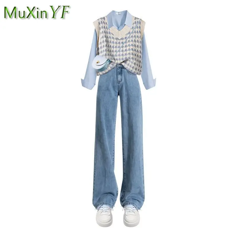 2023 Autumn/Winter New in Matching Set Women\'s Fashion Knitted Vest+Shirt+Jeans 3 Piece Korean Elegant Blouse Denim Pants Suit