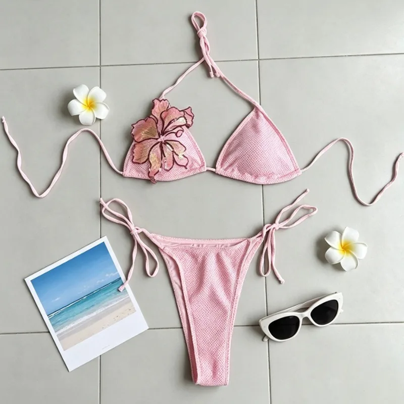 sexy glitter sequin flower pink bikinis sets three pieces with mesh cover skirt swimsuits bathing suit swimwear biquini tankini