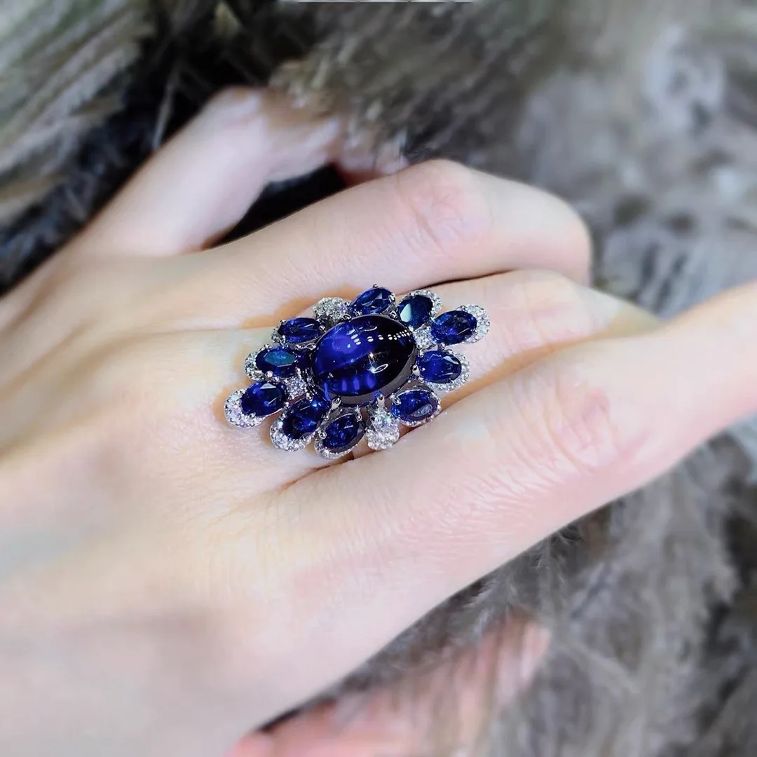silver 925 High quality inlay diamond grape blue rings for women exaggerated fashion flower engagement ring wedding jewelry