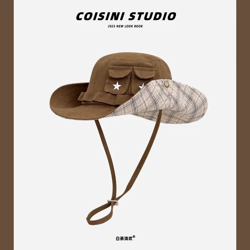 

Retro Tooling Style Pocket Design Western Cowboy Caps for Men and Women Summer Outdoor Camping Sun Protection Casual Bucket Hat