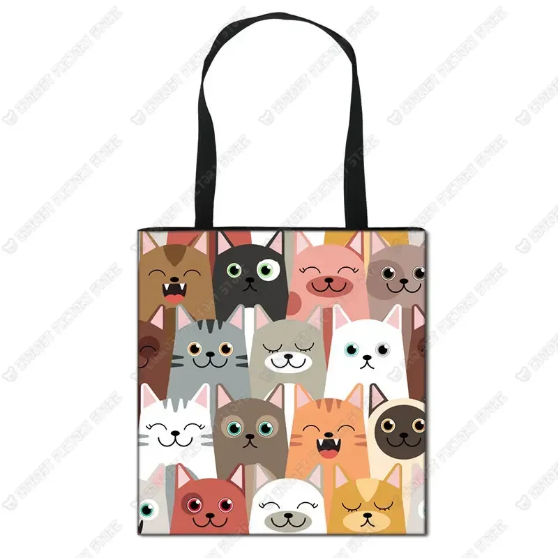 Bolso de lona con estampado de gatos y dibujos animados para mujer, bolsa de hombro práctica de viaje, a la moda