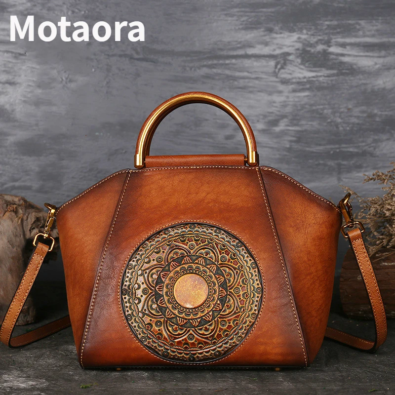 MOTAORA Vintage Genuine Leather Women Shoulder Bag For Ladies Handmade Luxury Designer Handbag Metal Handle Crossbody Bags Brown