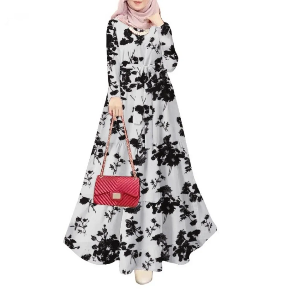 Ramadan Morocco Dubai Abayas for Women Print Dress Jalabiya Sashes Lace Up Eid Muslim Islam Vestidos Kaftan Saudi Arab Long Robe