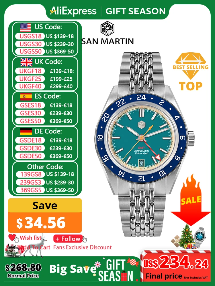 San Martin jam tangan olahraga pria, arloji desain asli GMT 39.5mm, mekanis otomatis tahan air 100m SN0116 Reloj Jepang NH34