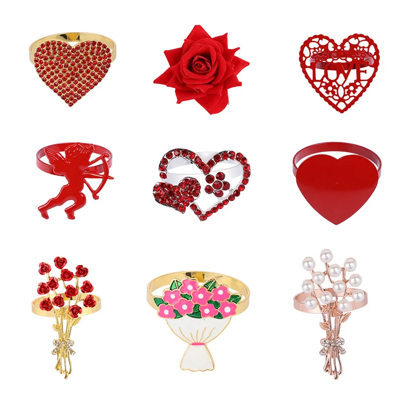 Valentine's Day Rose Heart Shaped Metal Napkin Ring Pearl Bouquet Napkin Holder for Mother's Day Wedding Banquet Party Supplies