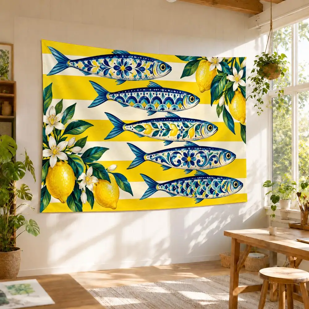 Sardine Lemon Tinned Fish Tapestry Durable Soft Microfiber Horizontal Wall Hanging Decor For Bedroom Patio Garden Parties