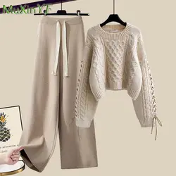 Conjunto de dos piezas para mujer, traje elegante coreano, Jersey cálido de punto y pantalones holgados de pierna ancha, otoño e invierno, novedad de 2022