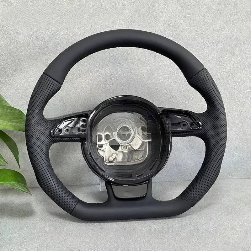 

For Audi C7 All black leather perforated handle flat bottomed steering wheel for modification