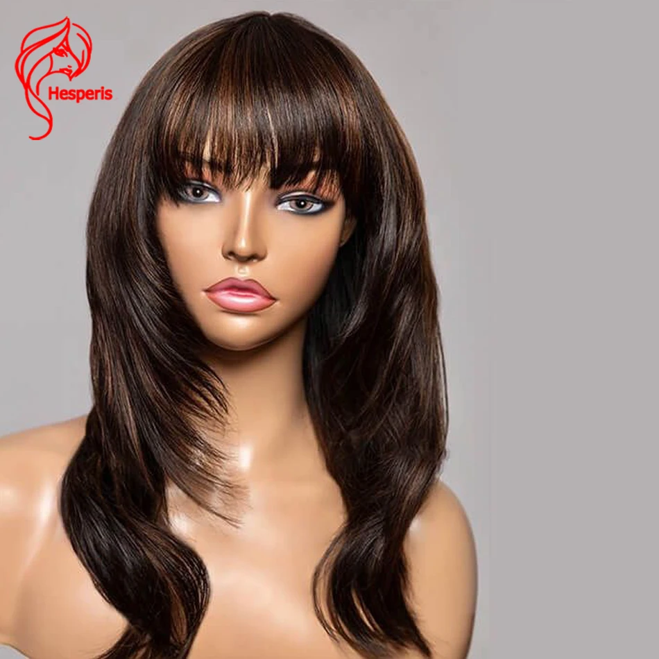 

Hesperis Brown Highlight Human Hair Wig With Bangs Brazalian Remy Full Machine Made Wig Layered light Wavy For Black Women