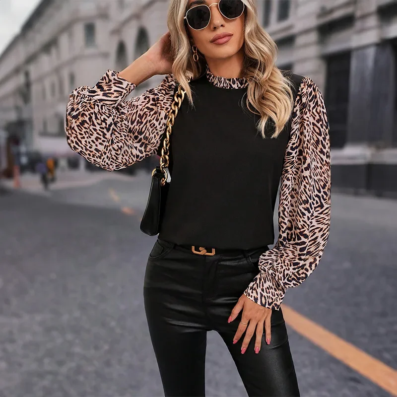 

2024 New Women's Leopard Lantern Sleeve Pullovers Shirts Fashion Spring Autumn Office Lady O Neck Tops Patchworn Tees NASY0011