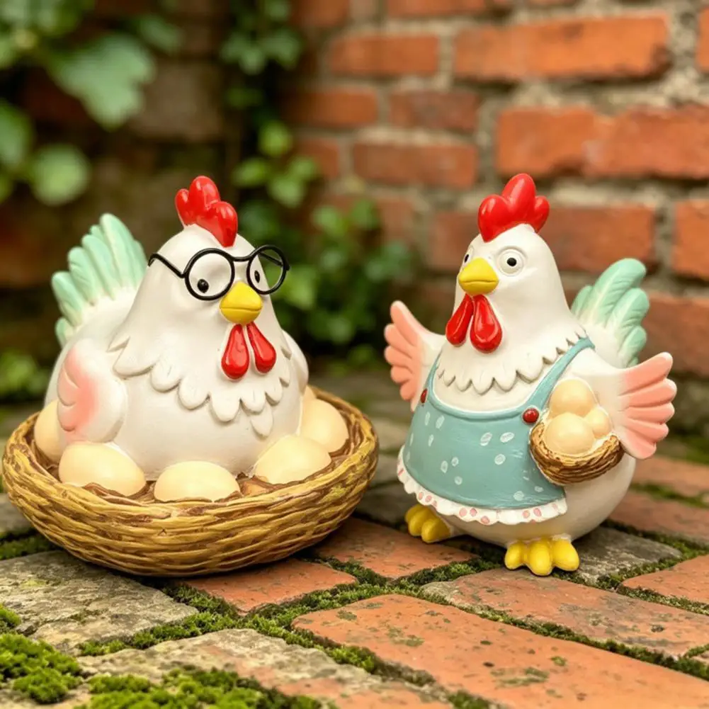 Cartoon Hen Statue with Eggs Pastoral Style Resin Hen Figurine for Garden Yard Patio Decor, Waterproof Animal Sculpture