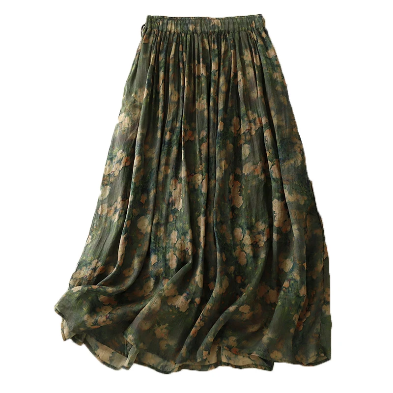 Vintage Women Skirts 2024 New Spring/summer Cotton Linen A-LINE Korean Clothing Sales High Waist Loose Print Chinese Style Skirt