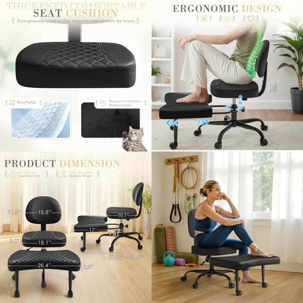 

Ergonomic Swivel Kneeling Chair with Adjustable Height and Footrest for Office, Yoga, and Meditation (Leather, Black)