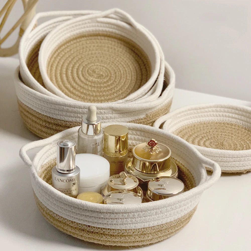 الشمال سطح المكتب سلات التخزين مجوهرات أشتات مفتاح مستحضرات التجميل تنظيم صناديق القط اللعب المنسوجة القطن حبل صندوق تخزين مع مقابض