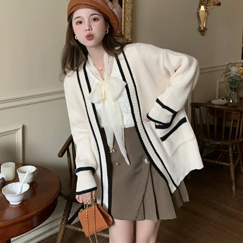 

Women Autumn Korean Office Lady Loose Pocket Cardigan Long Sleeve Knitwear Women Clothes Fashion All-match Trend Knitting Coat