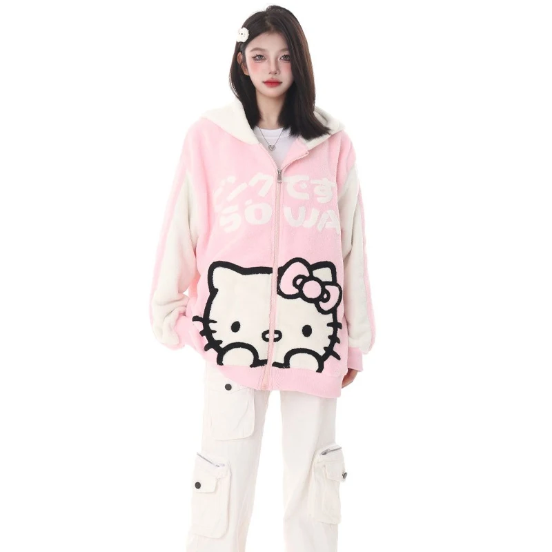 Sanrios Hello Kitty Autumn and Winter Trendy Brand Hooded Sweatshirt Cartoon Design Kawaii Girls Casual Cardigan Couple Jacket