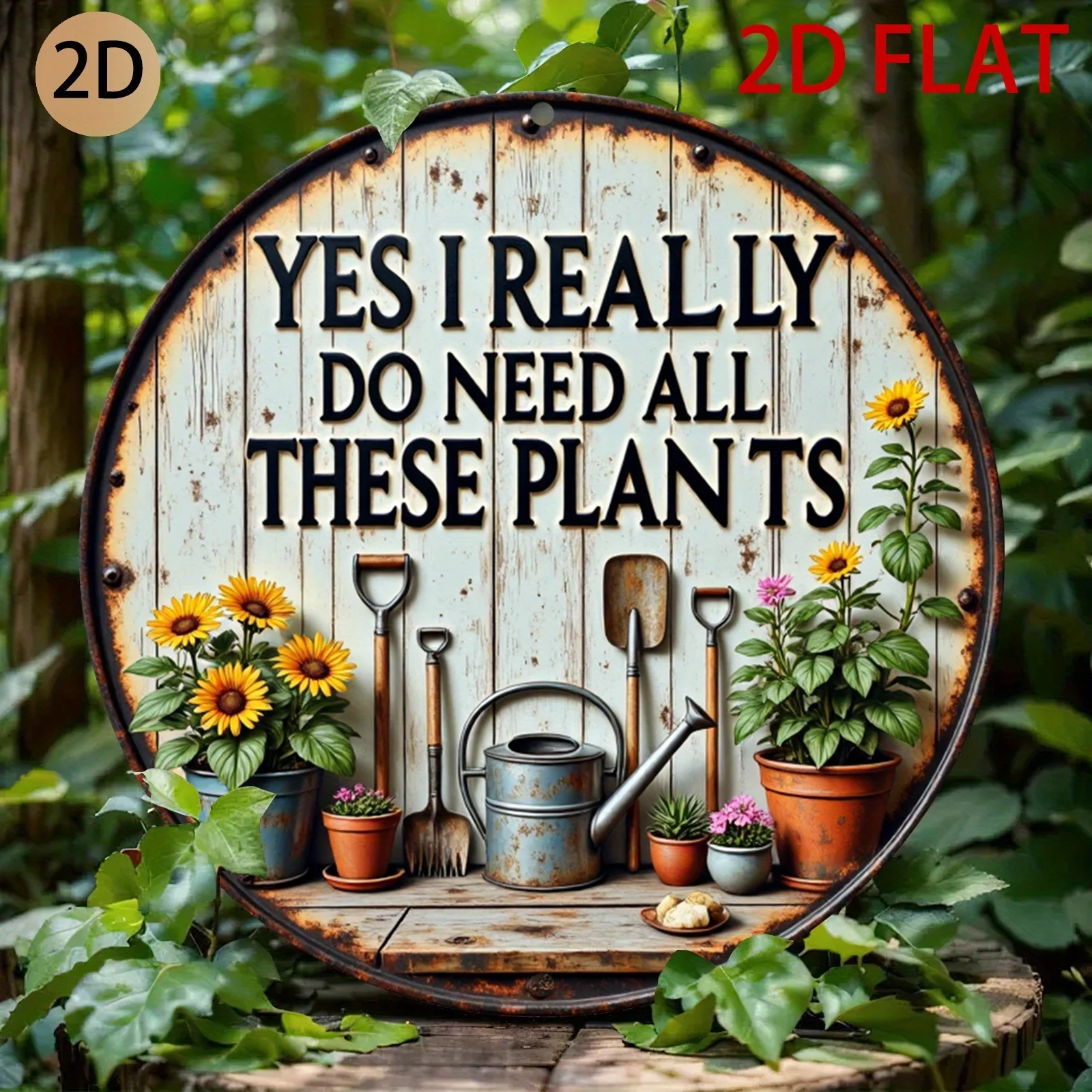 2D Flat - A Vintage-Style Round Metal Sign for The Garden, Featuring Plants, Gardening Tools, And Clever Phrases, Perfect for De