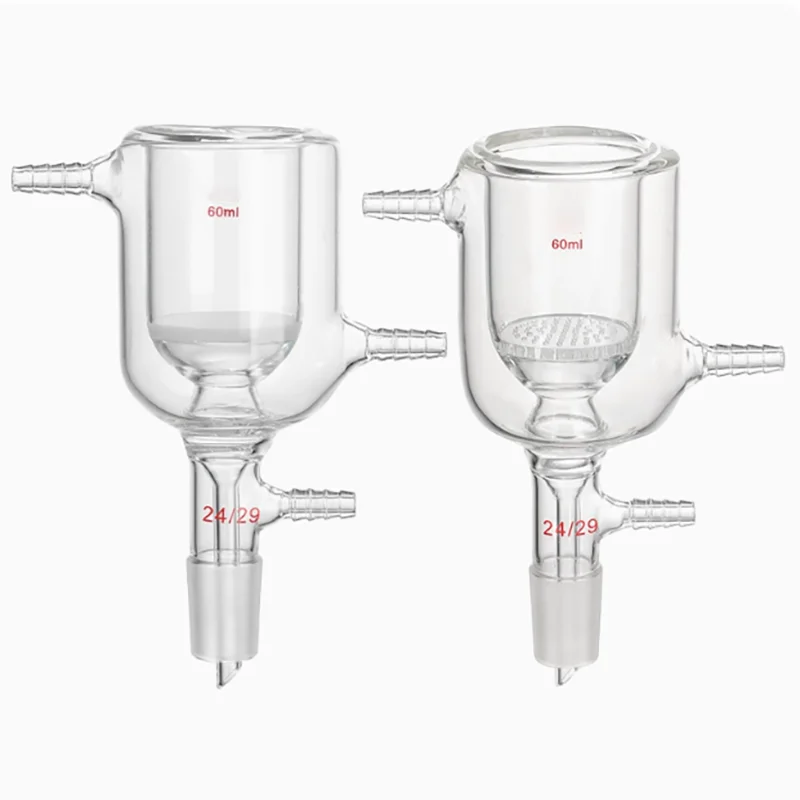 Double-layer jacketed glass sand core suction filter funnel connected to porous glass plate with sand core cylindrical filter fu