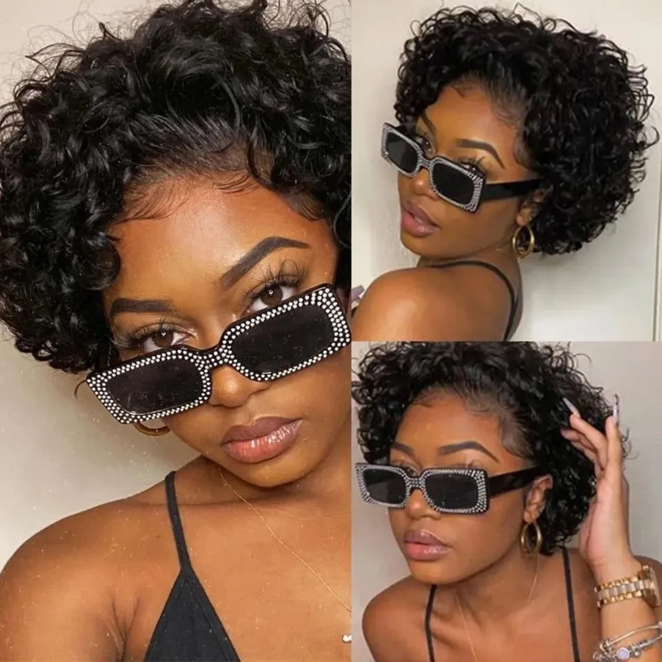 Curly Pixie Cut Wig 13x1 Lace Human Hair Short Curly Lace Front Bob Wigs for Black Women Natural Color 150% Density On Sale