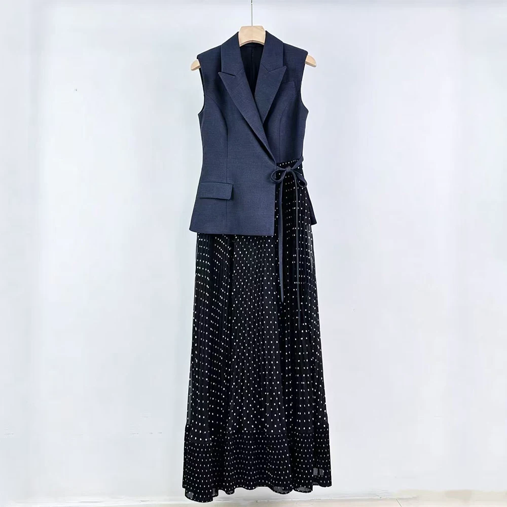 Women Wool Blend Blazer Vest Midi Dress 2 In 1 Lapel Sleeveless Polka Dot Pleated Maxi Dress Office Elegant Business Party Dress