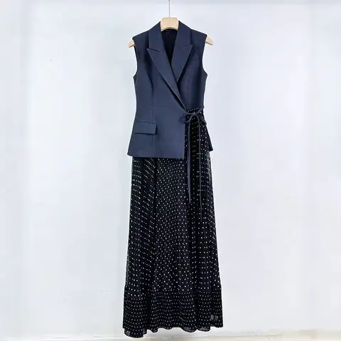 Women Wool Blend Blazer Vest Midi Dress 2 In 1 Lapel Sleeveless Polka Dot Pleated Maxi Dress Office Elegant Business Party Dress