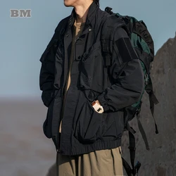 Japanese Streetwear Multi-Pocket Stand-Up Collar Cargo Jacket Men Clothing Outdoor Functional Windbreaker Harajuku Coat Top Male