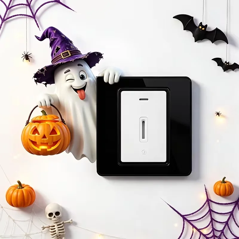 1 PVC material, wearing a wizard hat and carrying a pumpkin lantern, funny ghost square socket, home decoration sticker