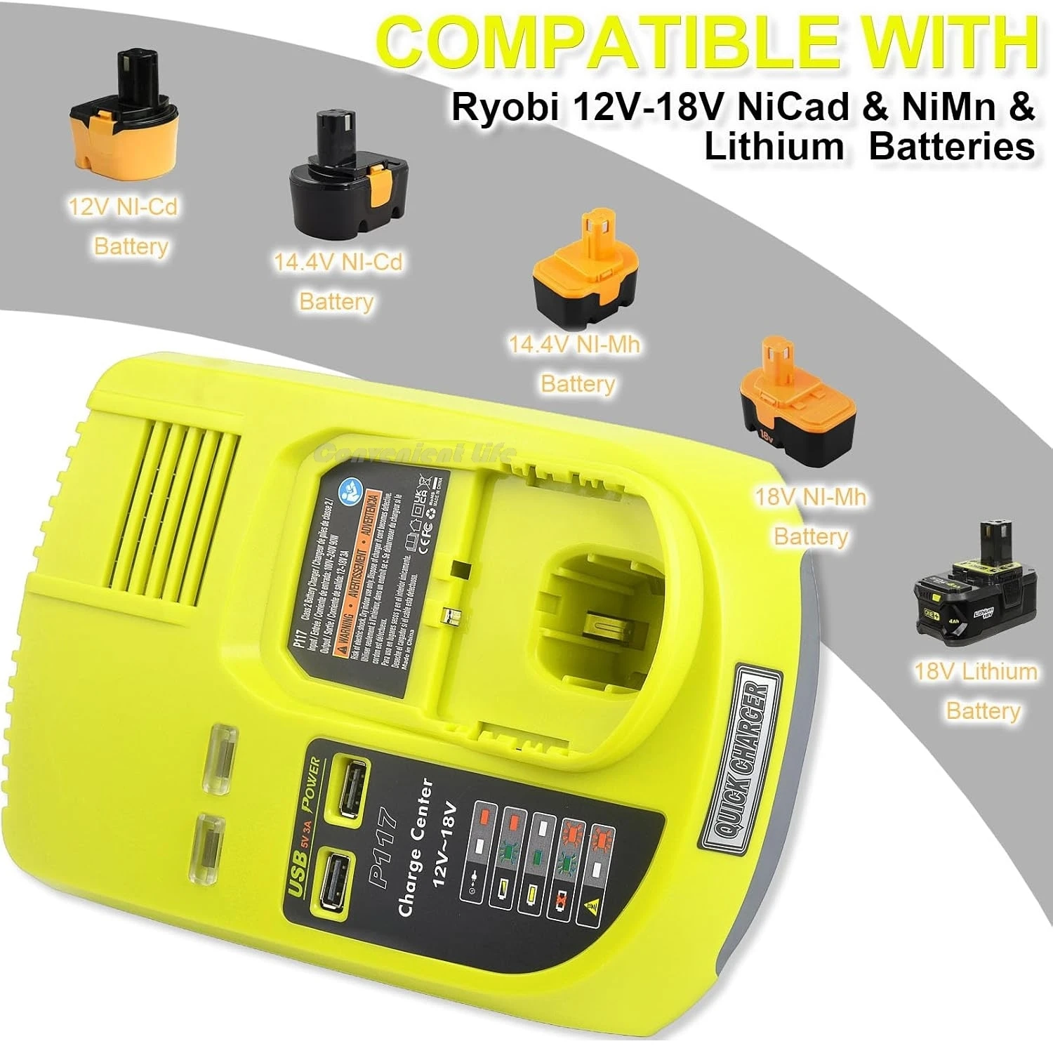 Battery Charger Compatible with Ryobi 12-18V Ni-CD Ni-MH Lithium Battery 85W Fast Charging Power Supply USB Port Indicator Light