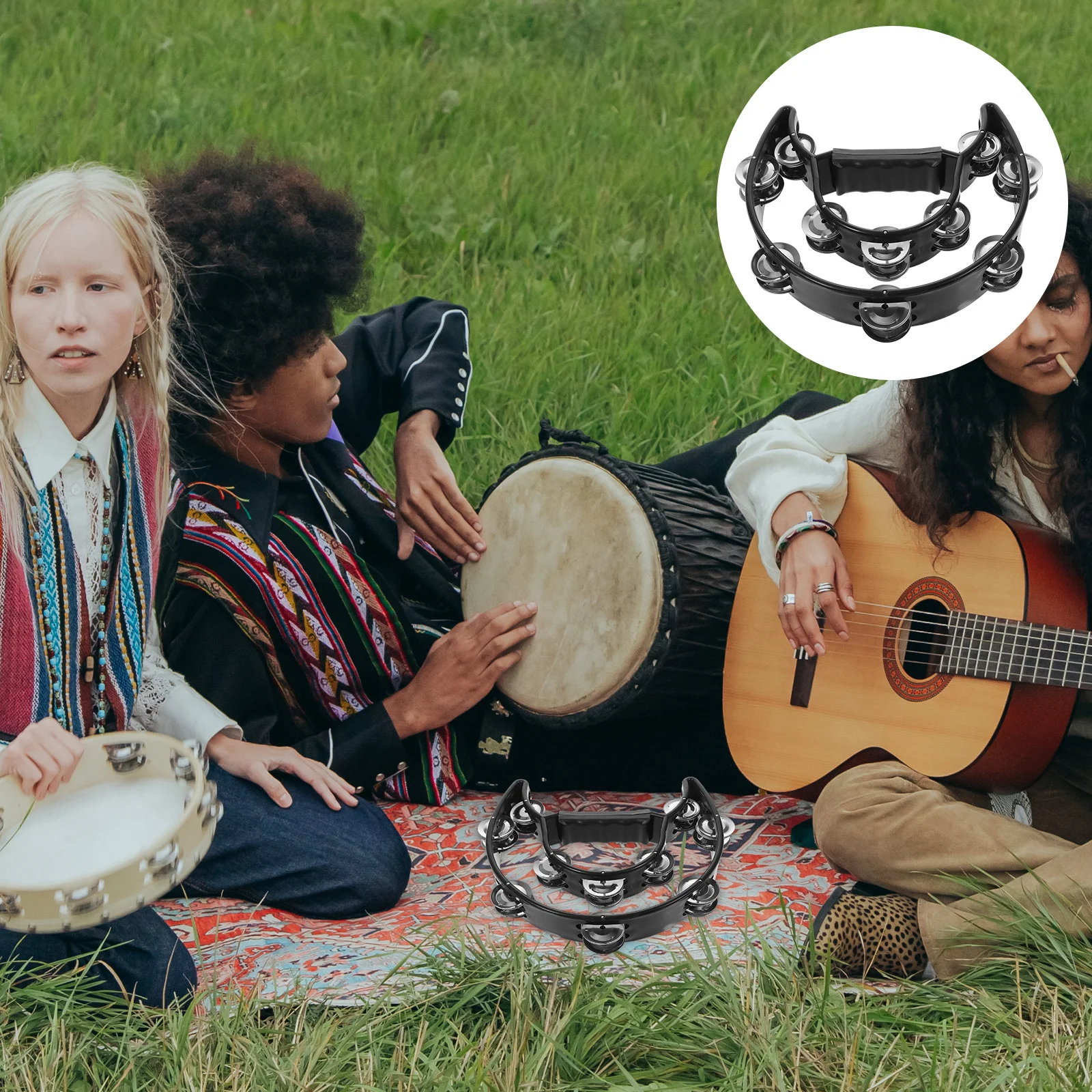 

40 Jingle Tambourine in Half Moon Style Double Row Percussion Instrument Comfort Grip Rubber Handle Ideal for Concert