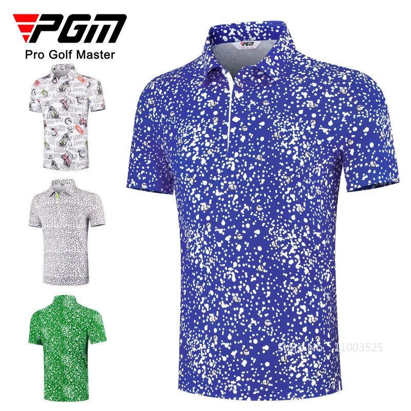 PGM New Golf Short-sleeved Men's Top Summer Elastic Quick-drying Polo Shirt Male Breathable Pattern Printed Golf Sports Jersey